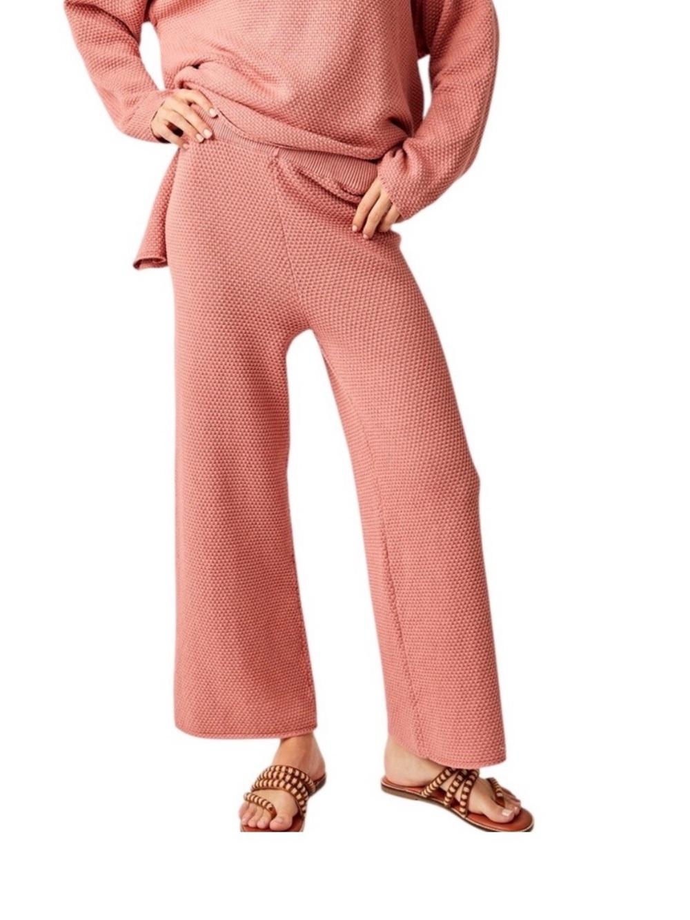 Free People FP Beach Pink Textured Knit Wide Leg Pants - Small - 100% Cotton